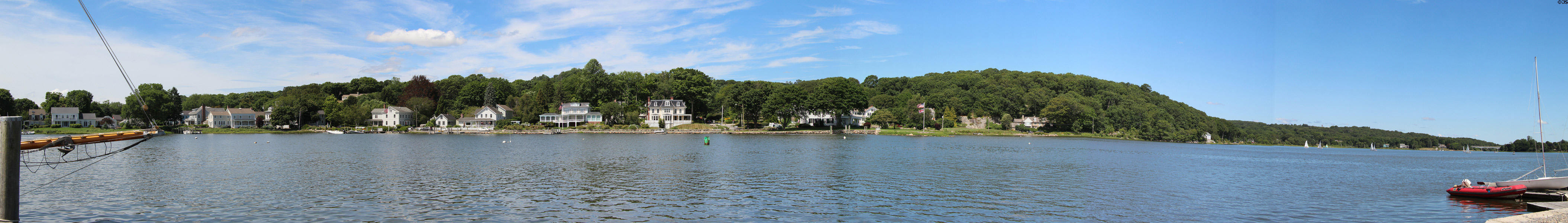 Panorama of harbor & town surrounding Mystic Seaport. Mystic, CT.