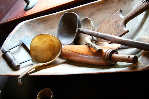 Spoons & sausage press in wooden bowl at Nathaniel Hempstead House. New London, CT.