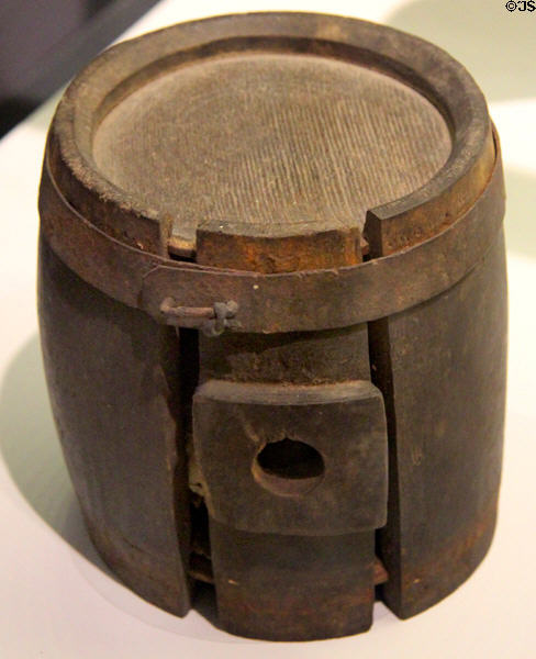 Barrel-style canteen (18thC) attrib. to Platt's mills area of Waterbury's South End at Mattatuck Museum. Waterbury, CT.