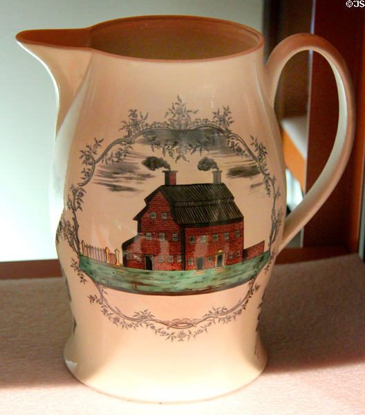 Newburyport, MA Bakery commemorative creamware pitcher (c1810) by Herculaneum Pottery Co., Liverpool, England at Mattatuck Museum. Waterbury, CT.