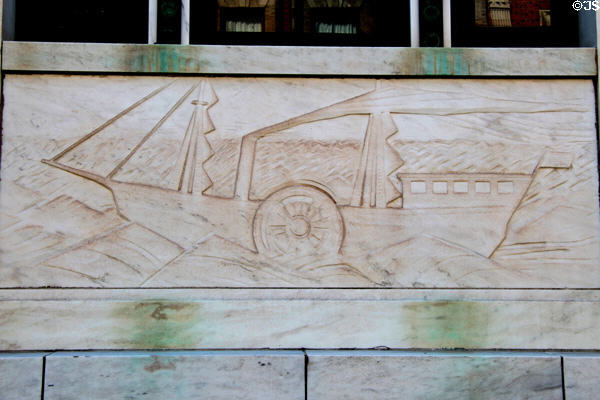 Art Deco frieze of paddle wheel steamship on Waterbury Post Office. Waterbury, CT.