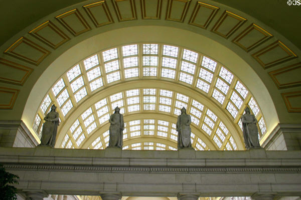 Sculpted warriors with shields in Union Station. Washington, DC.