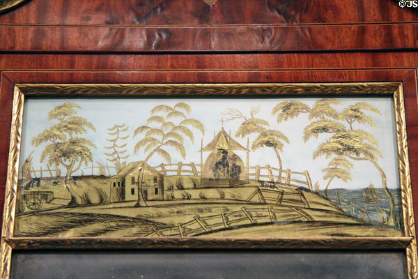 Painted rural scene detail on looking glass (1790-1810) from New York at National Gallery of Art. Washington, DC.