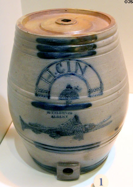 Fish & beehive stoneware water cooler (1822) by Moses Tyler & Co. of Albany, NY at National Museum of American History. Washington, DC.