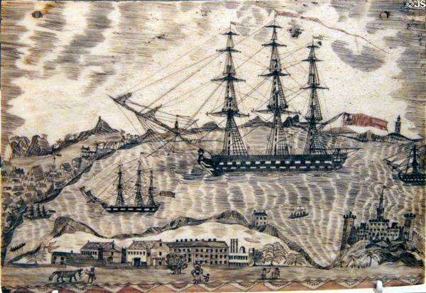 Scrimshaw panbone (1800s) shows imaginary port scene at National Museum of American History. Washington, DC.