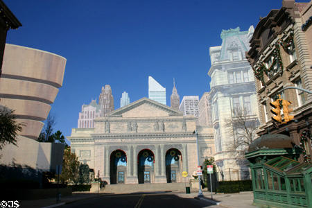 Movie-type scrim painted with famous buildings of New York City at Universal Studios. Orlando, FL.