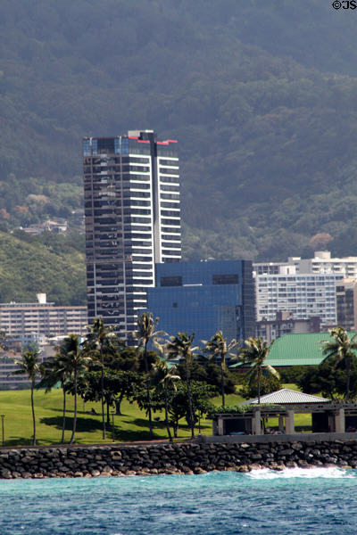 Royal Capitol Plaza (1987) from sea. Honolulu, HI.