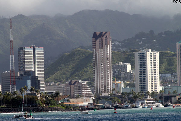 Honolulu skyline from sea with condo towers Royal Capitol Plaza, Imperial Plaza & Kauhale Kakaako. Honolulu, HI.