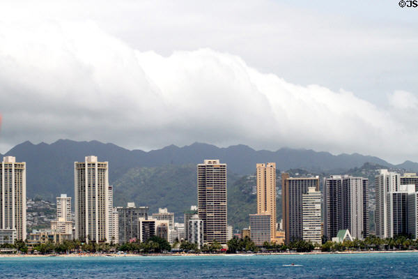 Skyline of eastern Waikiki along Kalakaua Ave. Waikiki, HI.