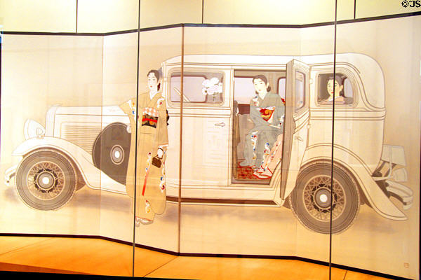 Japanese Three Sisters in a classic car reflecting Chekov's play on silk screen (1936) by Yamakawa Shūhō at Honolulu Academy of Arts. Honolulu, HI.