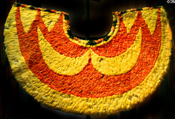 Feathered cape ('ahu'ula) gift of Kamehameha III to Perkins Family of Boston at Bishop Museum. Honolulu, HI.