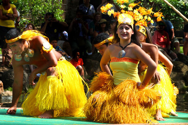 Tahitian performers in Rainbows of Paradise show at Polynesian Cultural Center. Laie, HI.