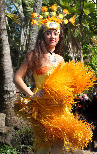 Tahitian dancer in Rainbows of Paradise show at Polynesian Cultural Center. Laie, HI.