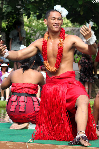 Tongan dancer in Rainbows of Paradise show at Polynesian Cultural Center. Laie, HI.