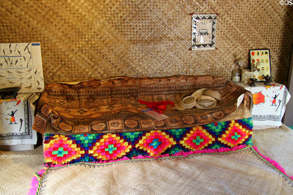 Interior of Family Dwelling (Na Bure) in Fijian village at Polynesian Cultural Center. Laie, HI.