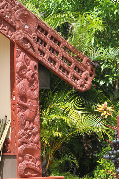 Carvings on Aotearoa-Maori meeting house from New Zealand at Polynesian Cultural Center. Laie, HI.