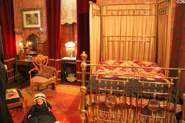 Metal bed frame in Art Nouveau bedroom at Dodge House. Council Bluffs, IA.