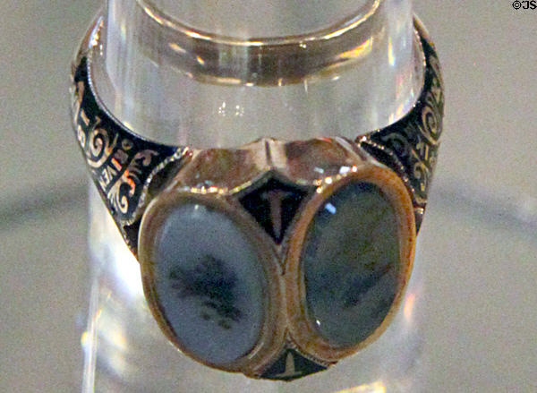 Golden ring made for last spike ceremony of Promontory Summit belonged to Oliver Ames of Union Pacific at Union Pacific Railroad Museum. Council Bluffs, IA.