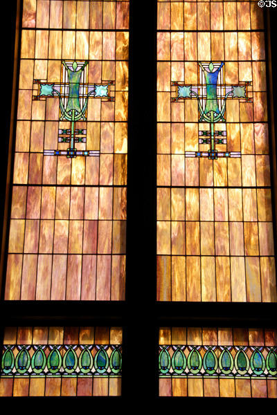 Stained glass windows details from interior of Merchants' National Bank. Grinnell, IA.