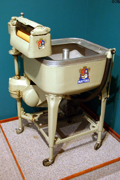 Early Maytag electric washing machine from Amana, IA illustrates Hoovers effort to electrify America as Secretary of Commerce at Hoover Museum. West Branch, IA.