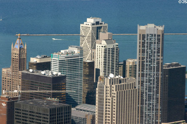 White X-braced Onterie Center (1986) (58 floors) Skidmore, Owings & Merrill & River East Center (2001) (58 floors) by Solomon, Cordwell, Buenz & Assoc. + DeStefano & Partners plus area near Navy Pier from Sears Tower. Chicago, IL.