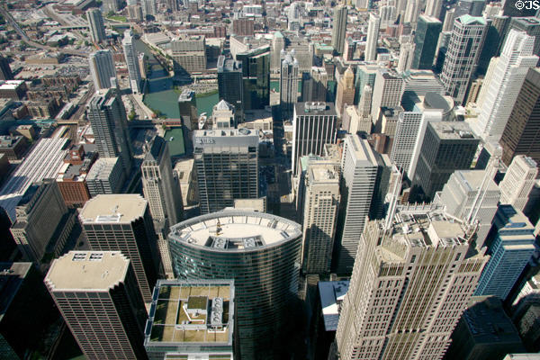 Highrises along Wacker Drive as it curves with Chicago River from Sears Tower. Chicago, IL.