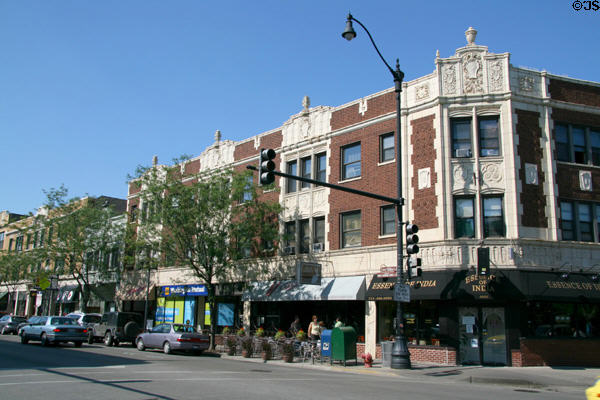 Streetscape on block with Krause Music Store by Louis H. Sullivan. Chicago, IL.