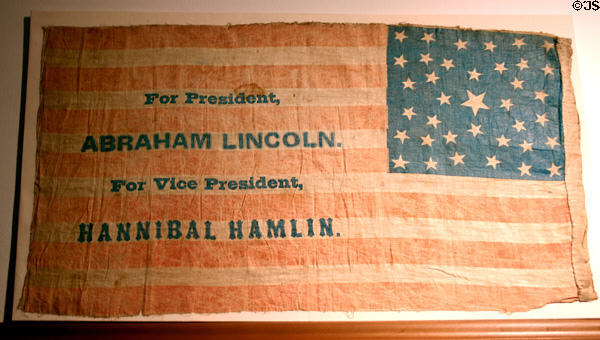 Election flag promoting Abraham Lincoln & Hannibal Hamlin (1860) at Benjamin Harrison Presidential Site. Indianapolis, IN.