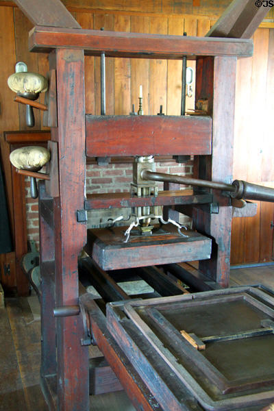Aramage printing press in Elihu Stout Print Shop. Vincennes, IN.
