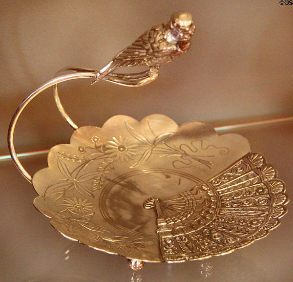 Calling card tray with bird (c1885) by Pairpoint Manuf. Co. of New Bedford, MA at Sedgwick County Historical Museum. Wichita, KS.