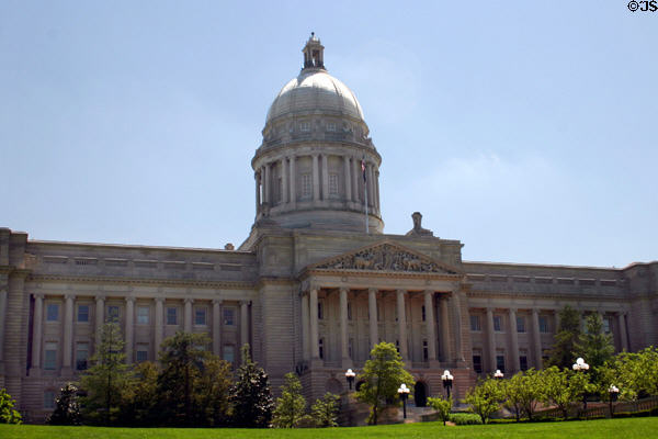 Kentucky State Capitol (1910) main entrance overlooks town. Frankfort, KY. Architect: Frank Mills Andrews. On National Register.