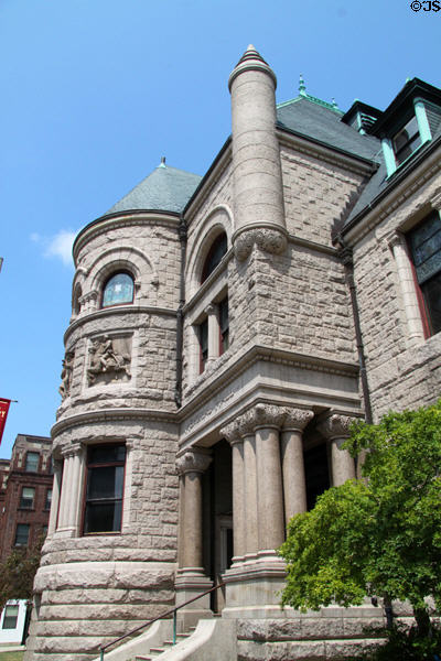 Richardsonian Romanesque details of Lowell Memorial Hall Library. Lowell, MA.