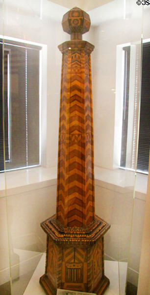 Wood inlay barber pole made for Chicago World's Fair at Boott Cotton Mills Boarding House immigrant gallery. Lowell, MA.