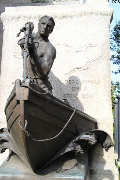 The Whaleman statue inscribed 'A dead whale or a stove boat'. New Bedford, MA.