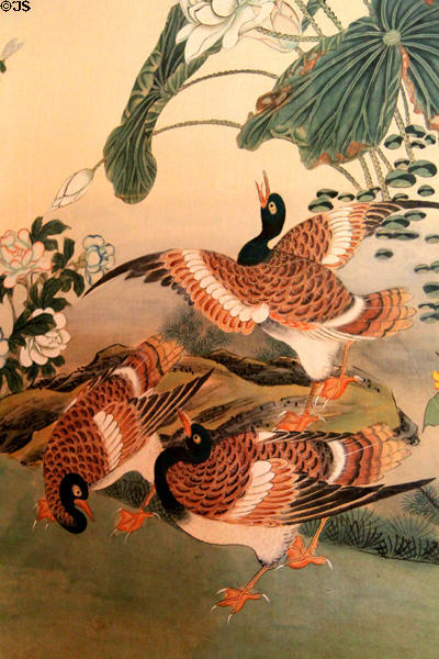 Ducks painted on antique imported oriental wallpaper Rotch-Jones-Duff House. New Bedford, MA.