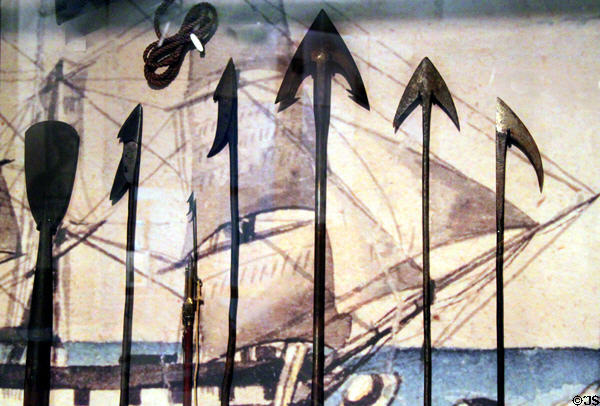 Various whale harpoons (19thC) at New Bedford Whaling Museum. New Bedford, MA.