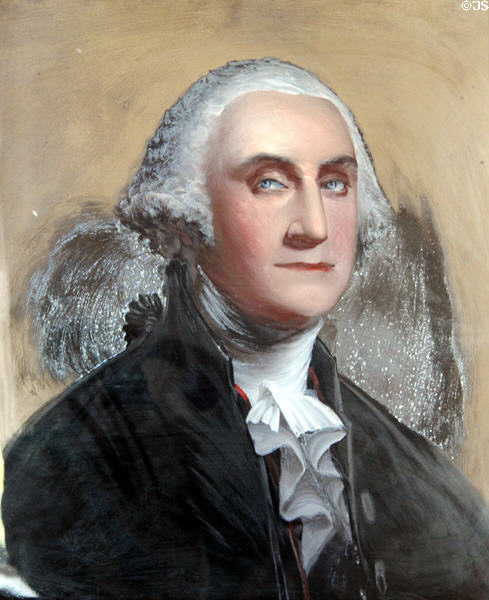 Portrait of George Washington on glass at Mayflower Society House. Plymouth, MA.