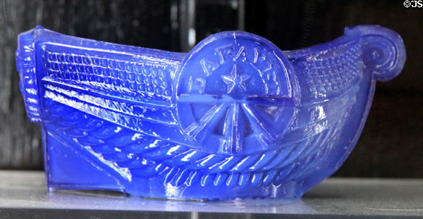 Pressed glass steamboat Lafayette commemorative salt (1830-45) by Boston & Sandwich Glass Co. at Sandwich Glass Museum. Sandwich, MA.