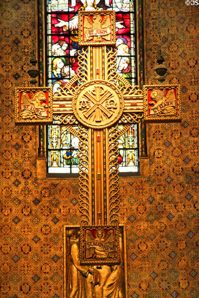 Cross with symbols of Matthew, Mark, Luke, & John at Trinity Church. Boston, MA.