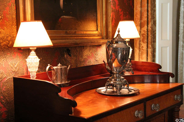 Silver hot water kettle on sideboard in dining room at Nichols House Museum. Boston, MA.