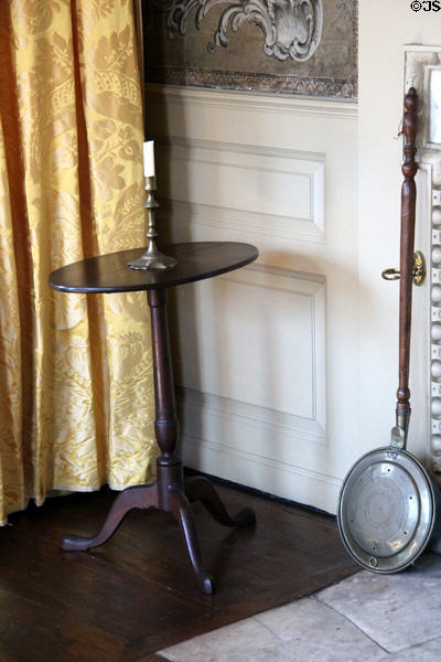 Candle stand & bed warmer in bedroom at Jeremiah Lee Mansion. Marblehead, MA.