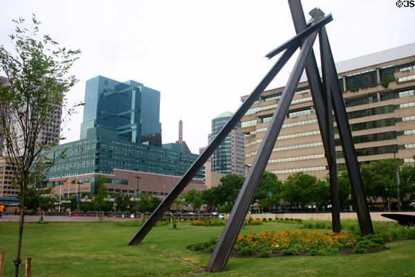 Harborplace Gallery & Inner Harbor Center Building (1982) behind I-Beam sculpture. Baltimore, MD.