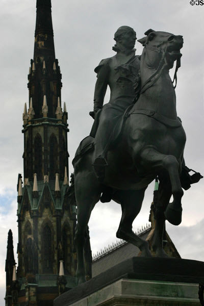 Statue of Lafayette (1924) at base of Washington Monument notes American defense of France in WW I. Baltimore, MD.