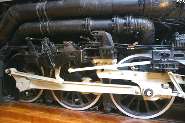 Drive wheels of Allegheny locomotive used by C&O to haul coal trains over Allegheny mountains at Henry Ford Museum. Dearborn, MI.