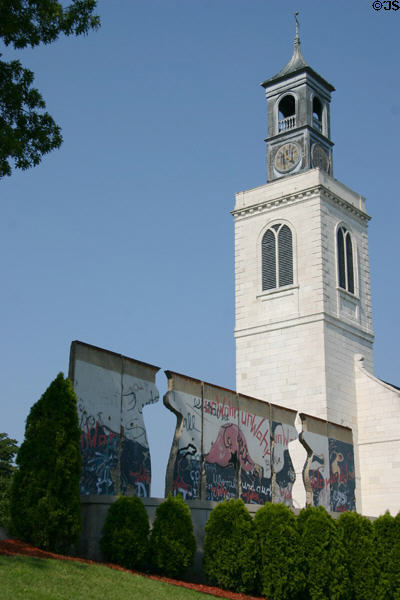 Section of Berlin Wall with Wren's Church of St. Aldermanbury, now Churchill Memorial at Westminster College. Fulton, MO.