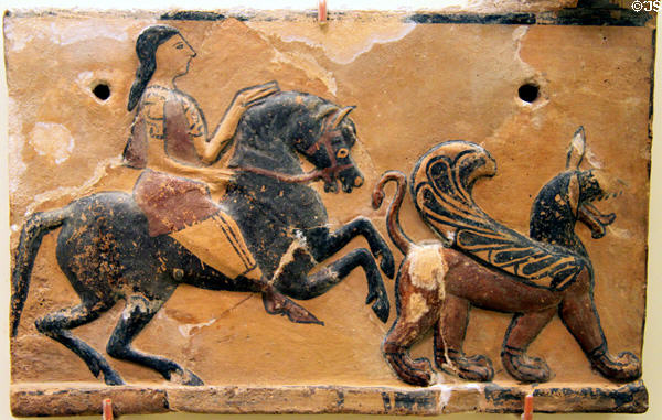 Terracotta relief of horseman & griffin (525-500 BCE) from Düver, Anatolia at University of Missouri Museum of Art & Archaeology. Columbia, MO.