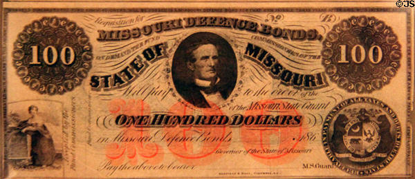 Defence Bond issued by Confederate governor of Missouri during Civil War at Boone County Historical Museum. Columbia, MO.