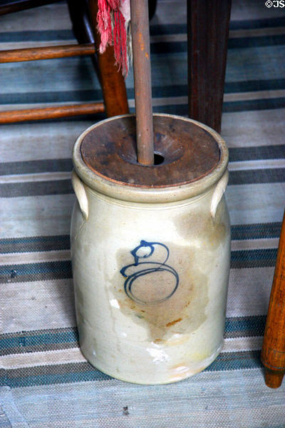 Stoneware butter churn in Mark Twain birthplace cabin at Mark Twain Memorial Shrine. MO.