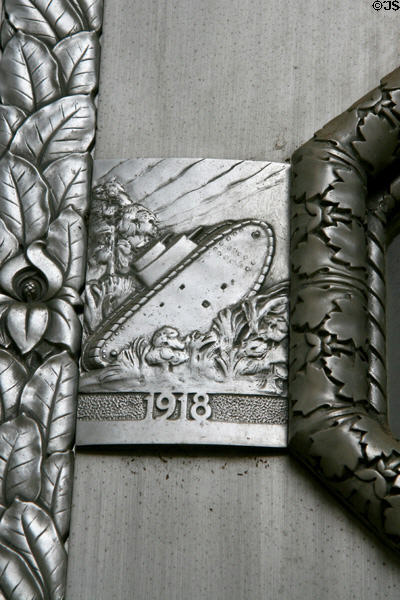 Cast aluminum door detail of WW I tank 1918 at War Memorial Building. Jackson, MS.
