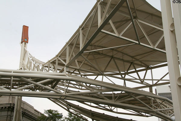 Skypoint (2002) (Over the intersection of 2nd Ave. North & North Broadway) with movable truss & sail to shade street. Billings, MT.
